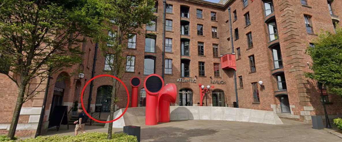 Atlantic Pavilion side entrance door marked in red